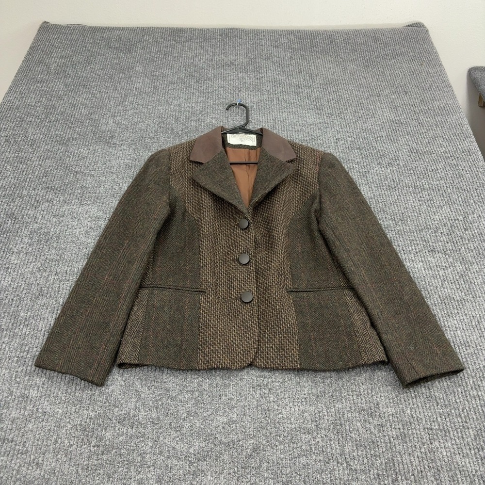 Vintage International Scene Blazer Womens 9/10 Brown Wool Leather‎ Trim Academic
